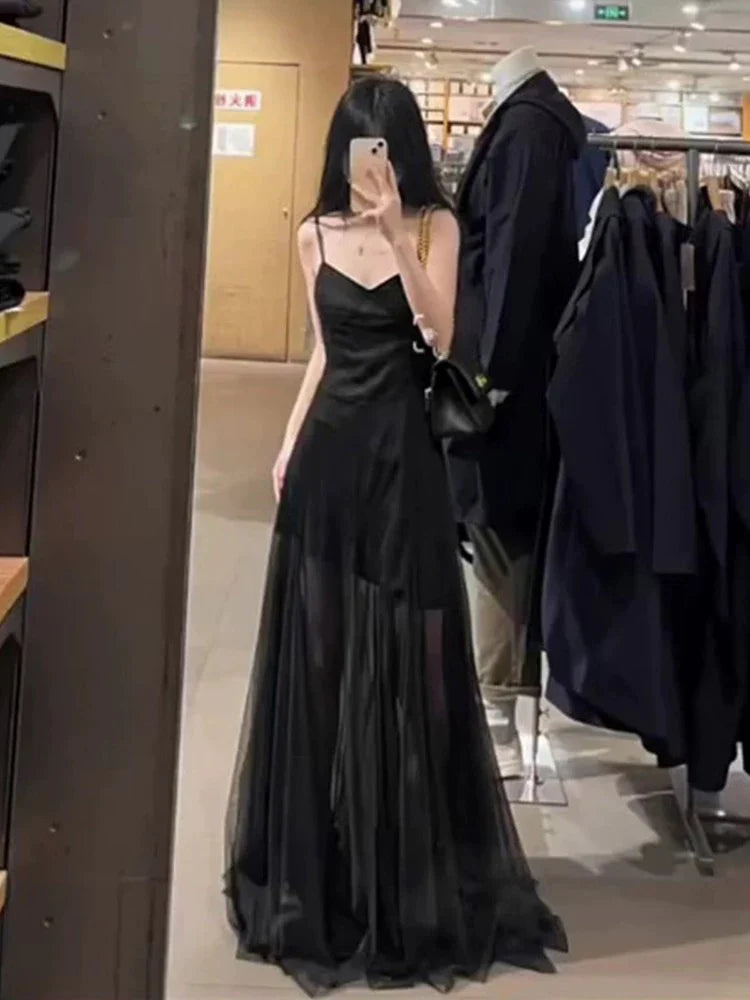 Wholesale Vintage A Line Spaghetti Straps Black Chiffon Long Evening Dress Prom Dresses formal wear dresses